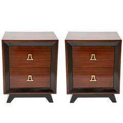 James Mont Style Two-Drawer Bedside Cabinets in Mahogany and Black Lacquer, Pair