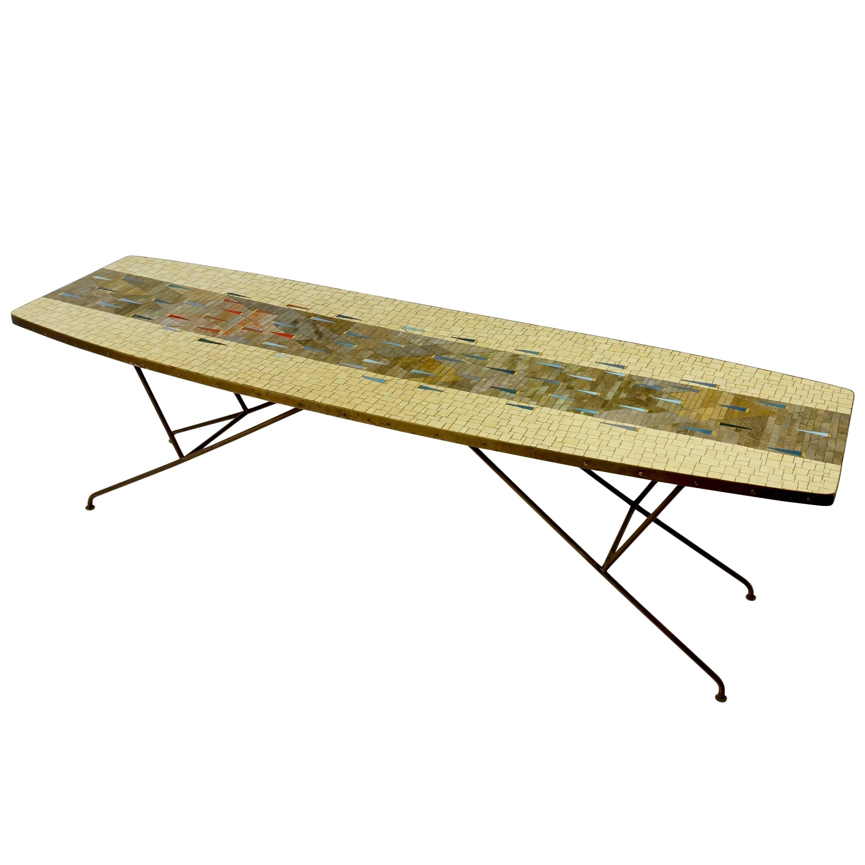 Large Stunning Italian Glass Mosaic Coffee Table, 1950s on Brass Legs For Sale