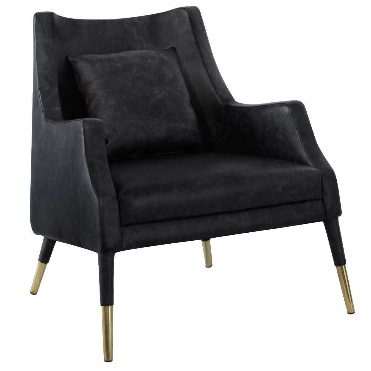 European Mid-Century Modern Carver Fabric and Brass Armchair For Sale