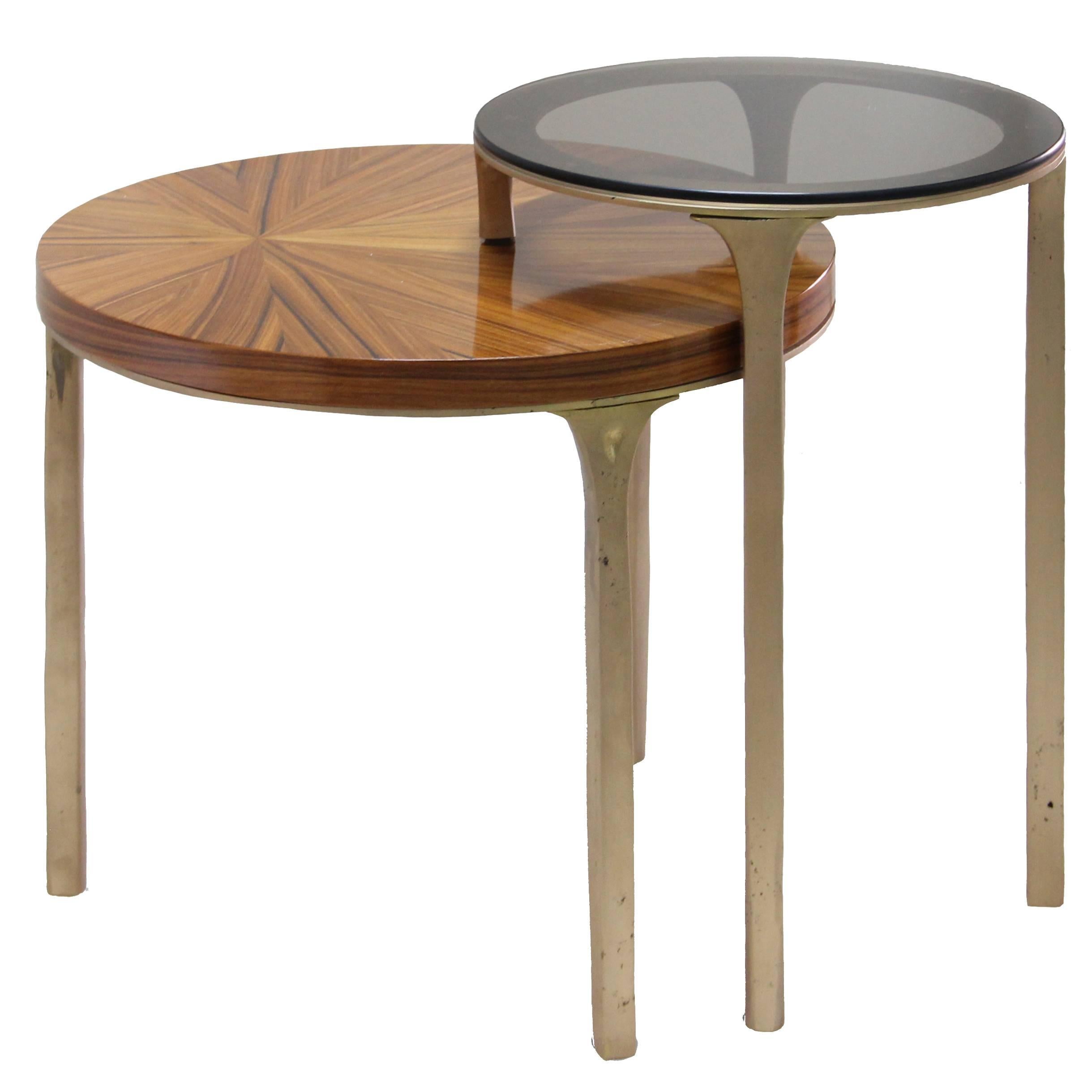 European Modern Brass, Bronze Glass and Timber Luray Side Table by Brabbu For Sale