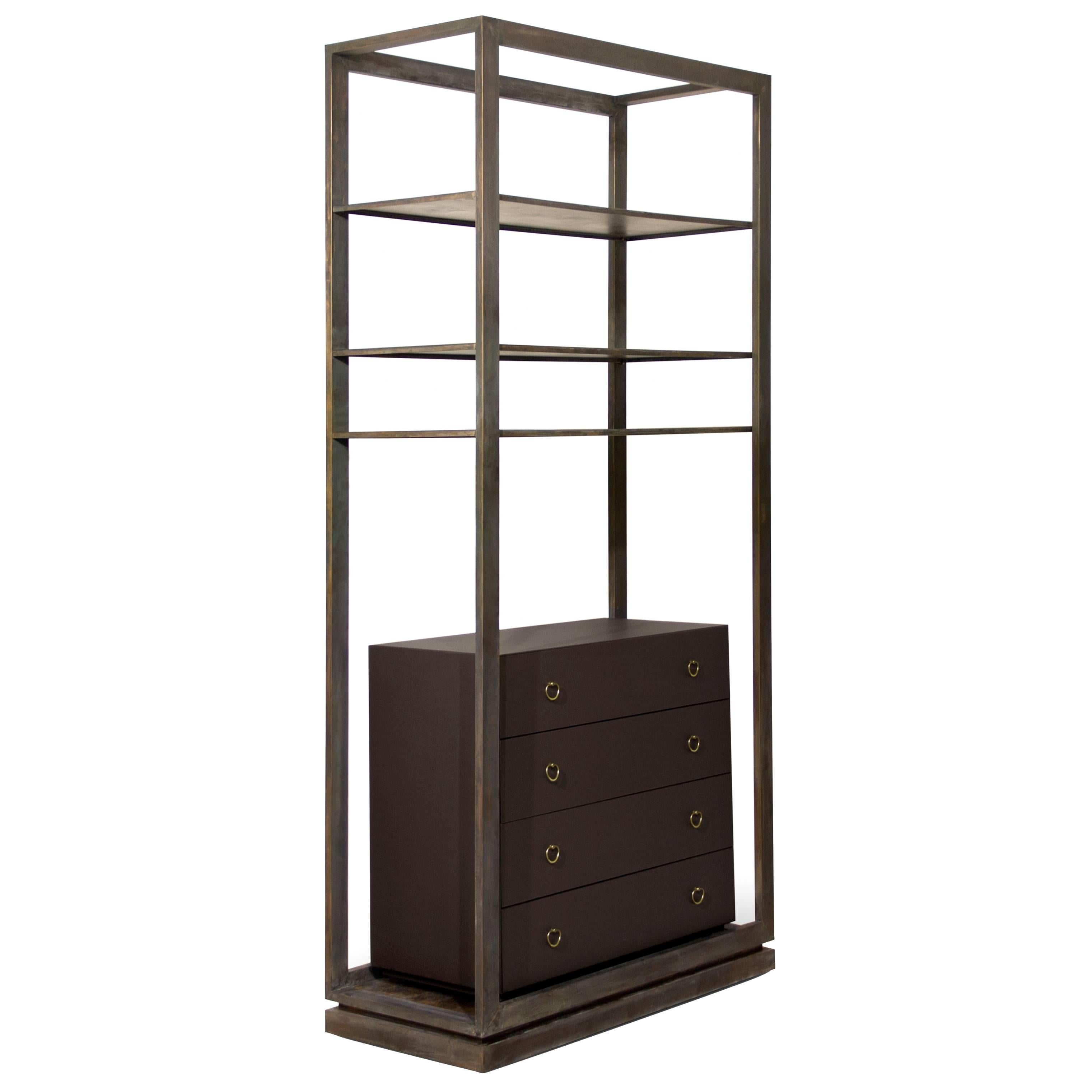 Brabbu European Modern Hoplon Brass, Faux-Leather Bookcase Four-Drawer Cabinet For Sale