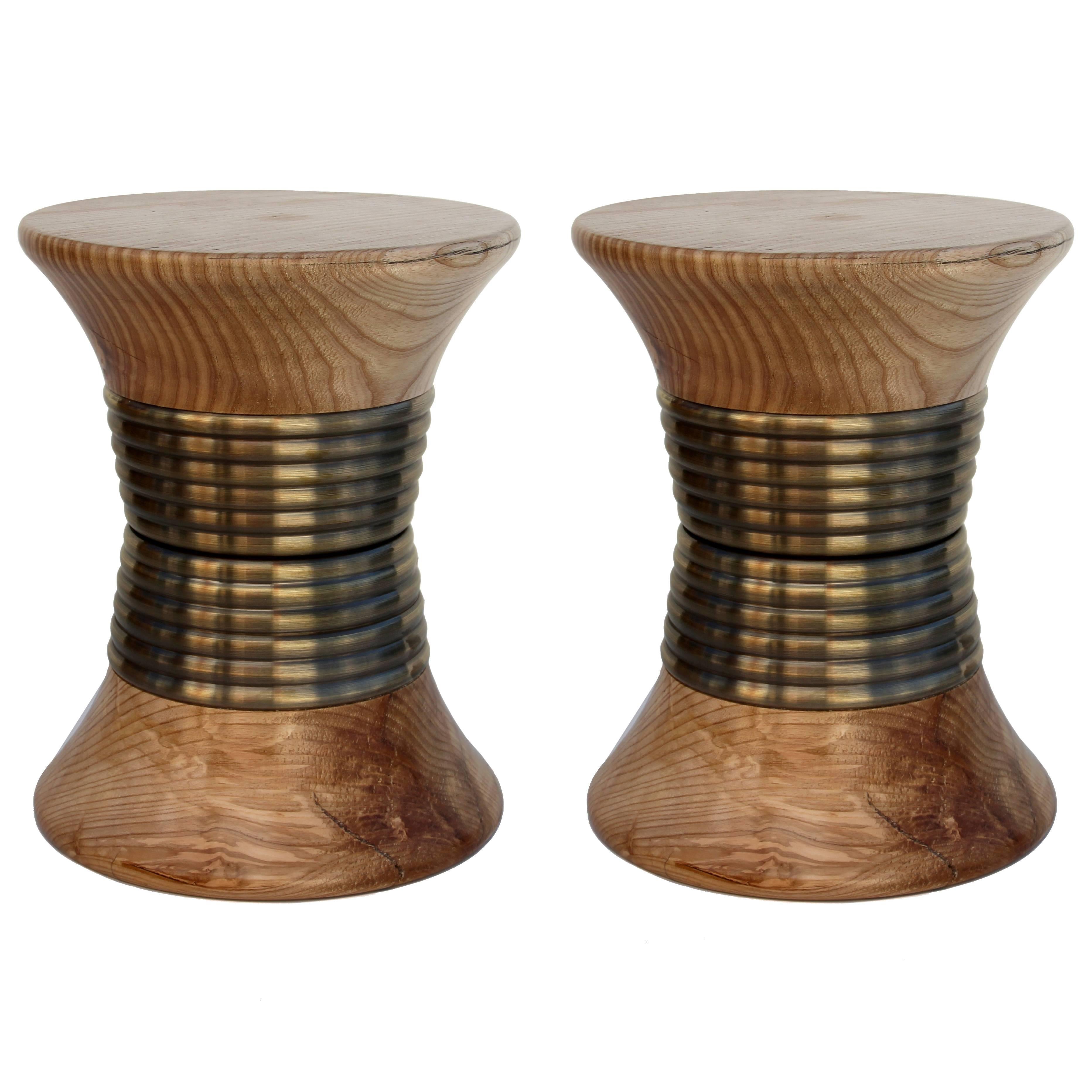 Pair of European Modern Wood and Brass Padaung Stool Side Tables by Brabbu For Sale