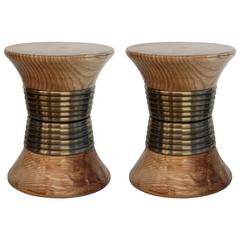 Pair of European Modern Wood and Brass Padaung Stool Side Tables by Brabbu