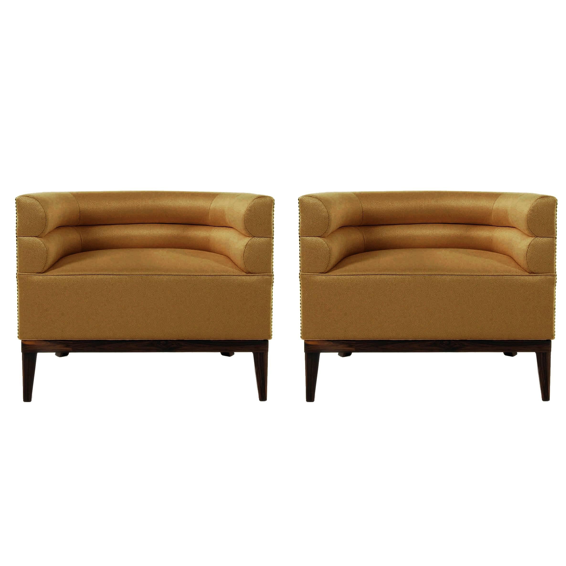 Pair of European Modern Maa Twill and Gold and Wood Armchair by Brabbu For Sale