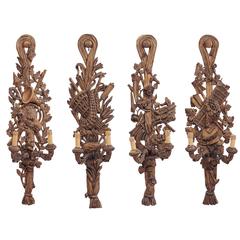Set of Four French Carved Giltwood and Gesso Four Seasons Wall Lights circa 1830