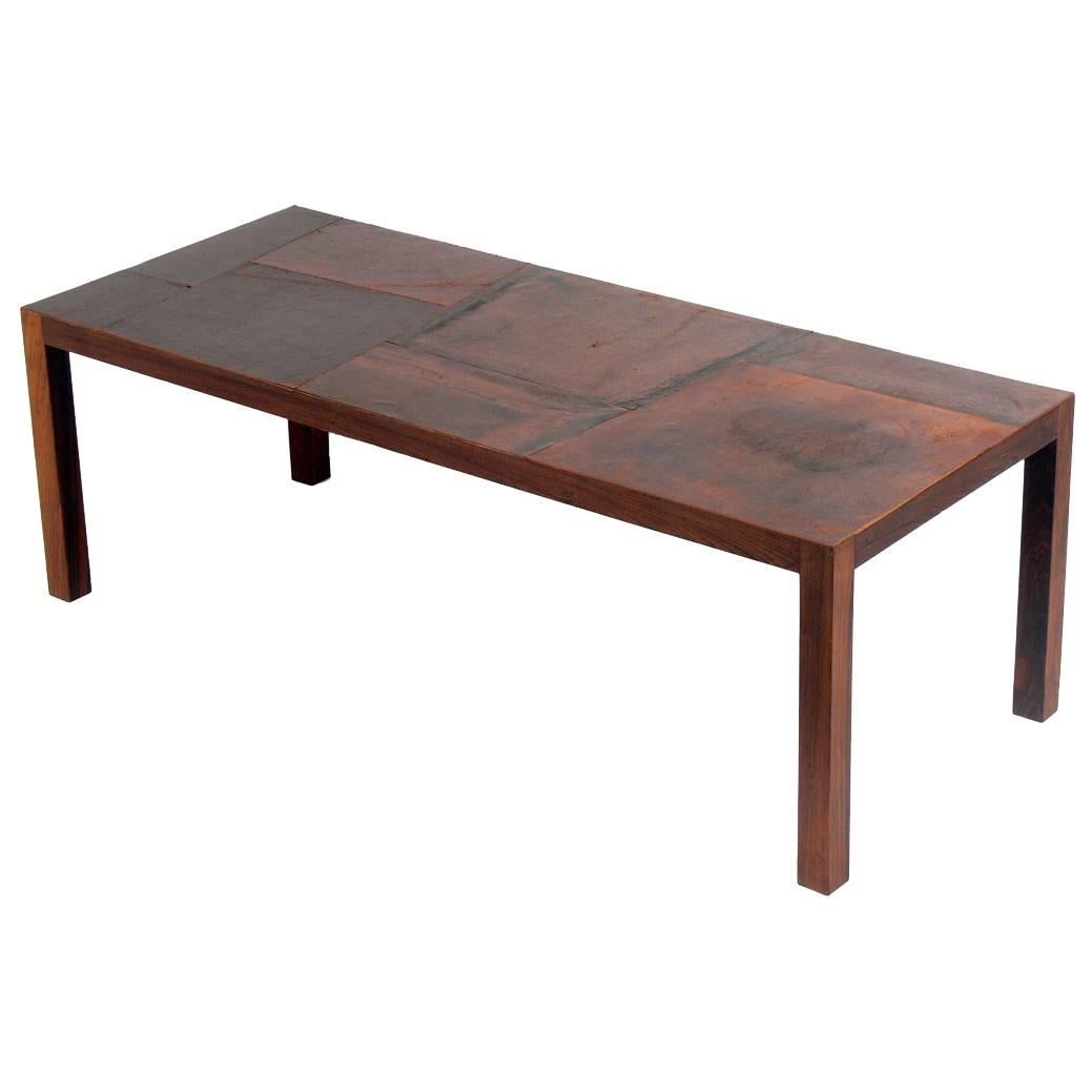 Danish Modern Rosewood Coffee Table with Patinated Leather Top For Sale