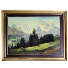 Framed Snowy Mountain Oil Painting Dated 1930, Unattributed