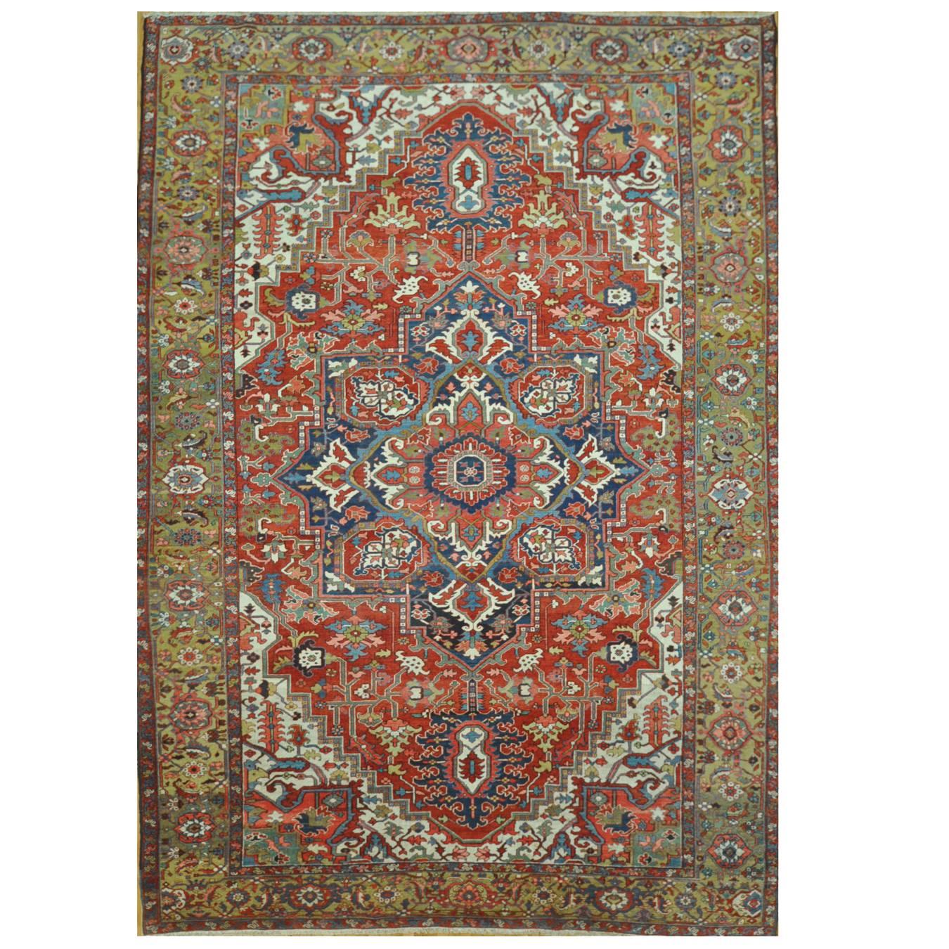 Large Antique Hand-KnottedWool Green Red Persian Heriz Rug For Sale