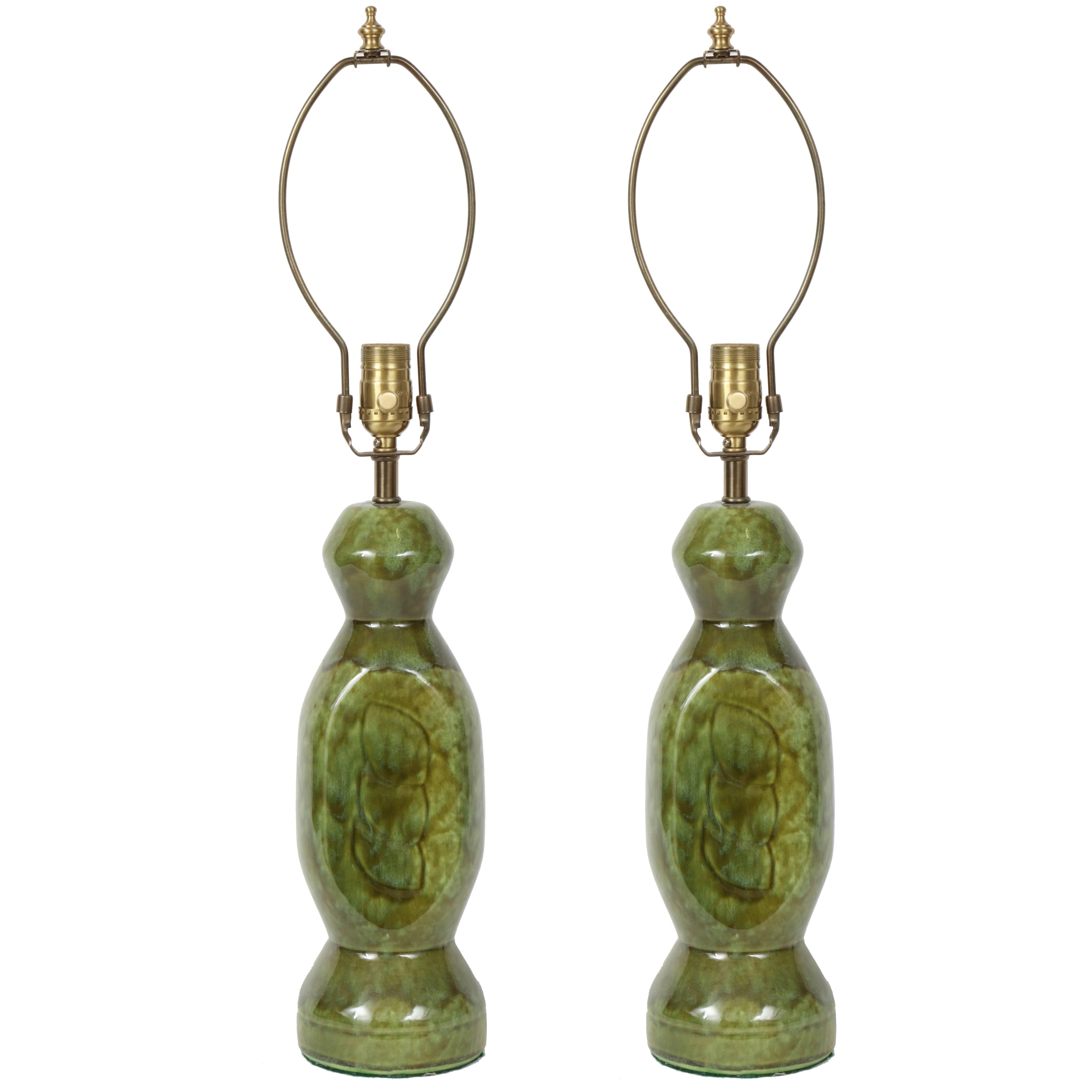 Pair of French 1940s Mottled Green Ceramic Lamps