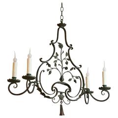 French Wrought Iron Green Painted Four-Arm Chandelier