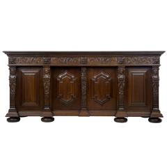 Antique Massive 1920s Carved Oak Baroque Sideboard Buffet
