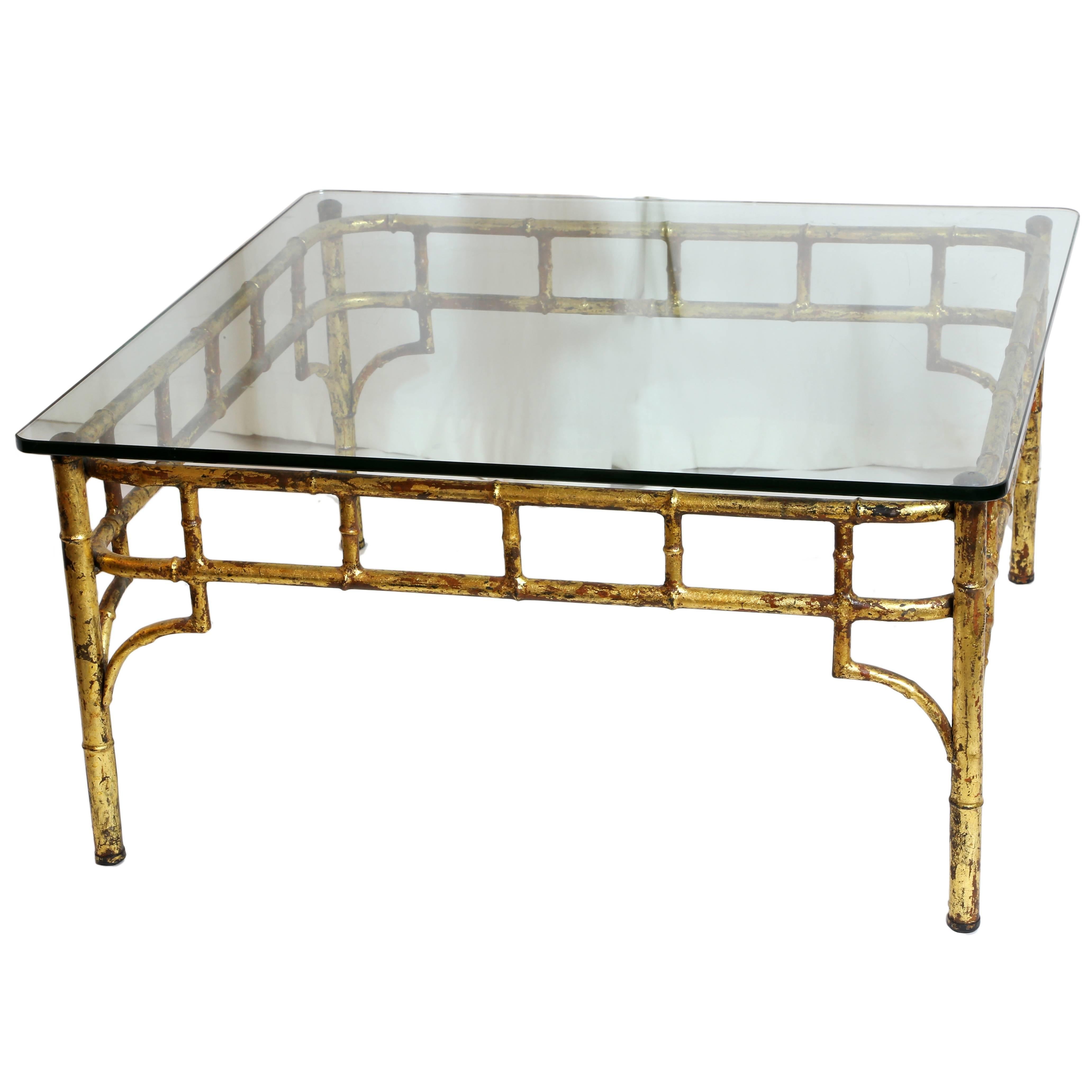 Gilded Iron Faux Bamboo Glass Topped Cocktail Table For Sale