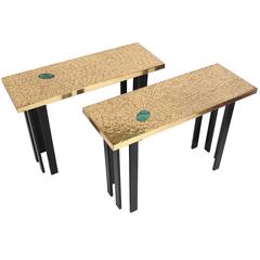Pair of Consoles in Mosaic Brass with Inlaid Malachite by Stan Usel 8