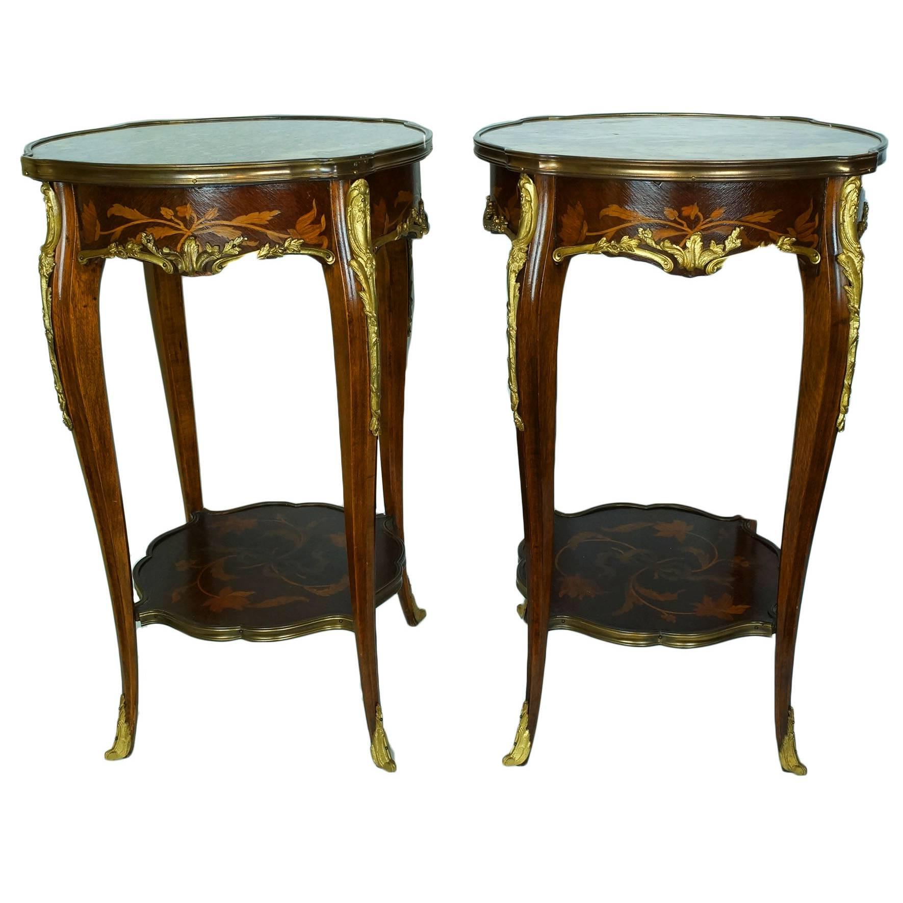  Pair of French  Louis XV style bronze mounted   Marquetry Inlaid Side Tables