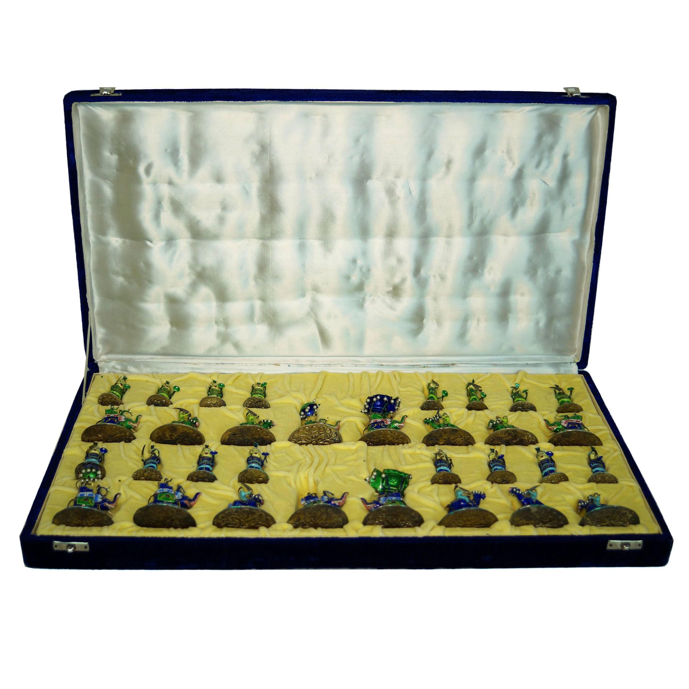 Fine and Complete Blue and Green Enamel Chess Set in Original Box