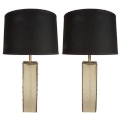 Luxe Pair of Mid-Century Murano Table Lamps in Smoked Champagne Textured Glass