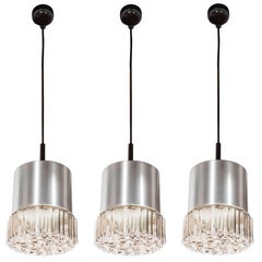 Mid-Century Set of Three Smoked Glass Bubble Pendants with Brushed Aluminum