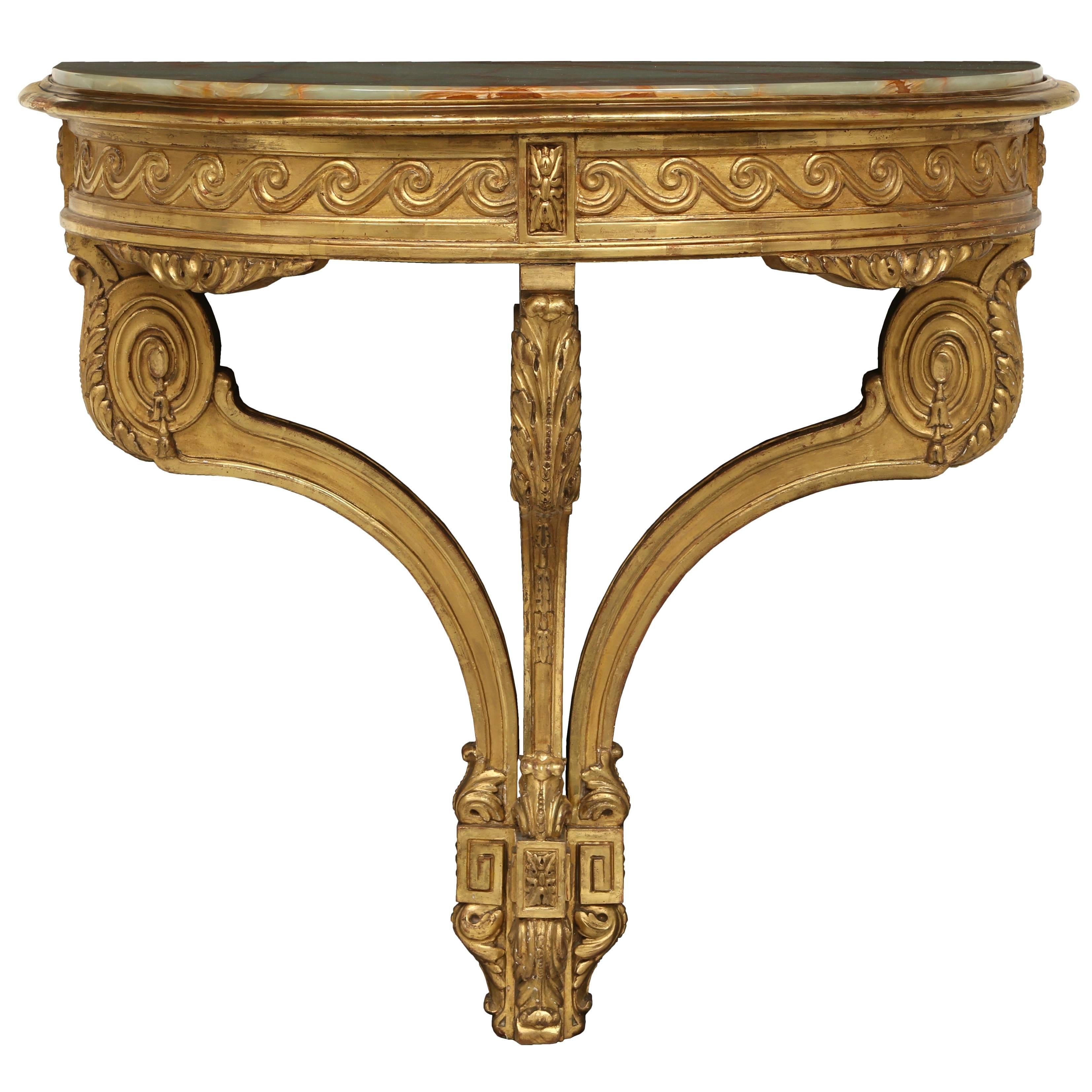 French 19th Century Louis XVI Style Giltwood Demilune Console with Onyx Top