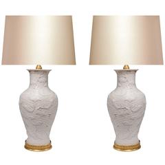 Pair Of Fine Carved White Porcelain Lamps