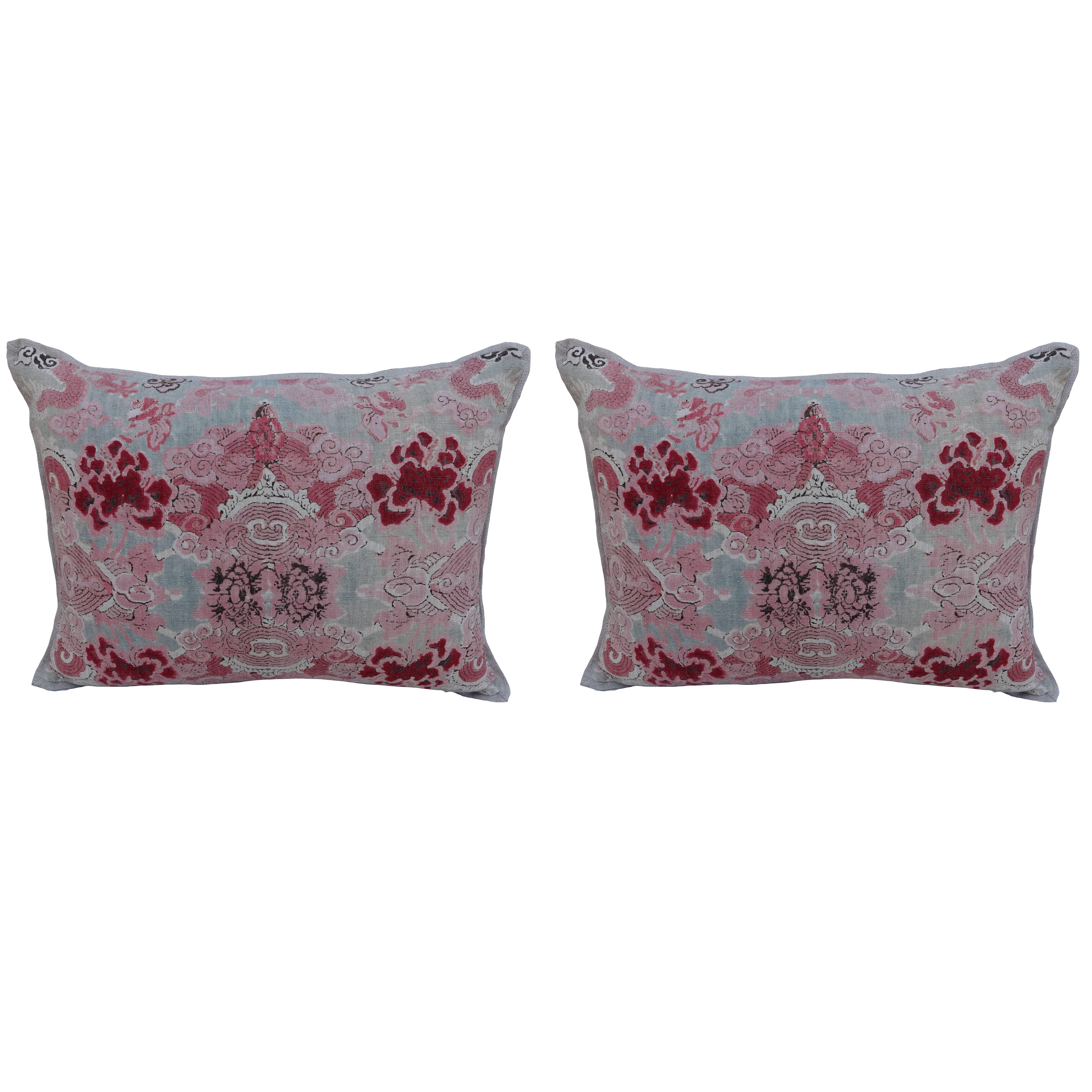 Pair of Vintage Chinoiserie Printed Linen Pillows