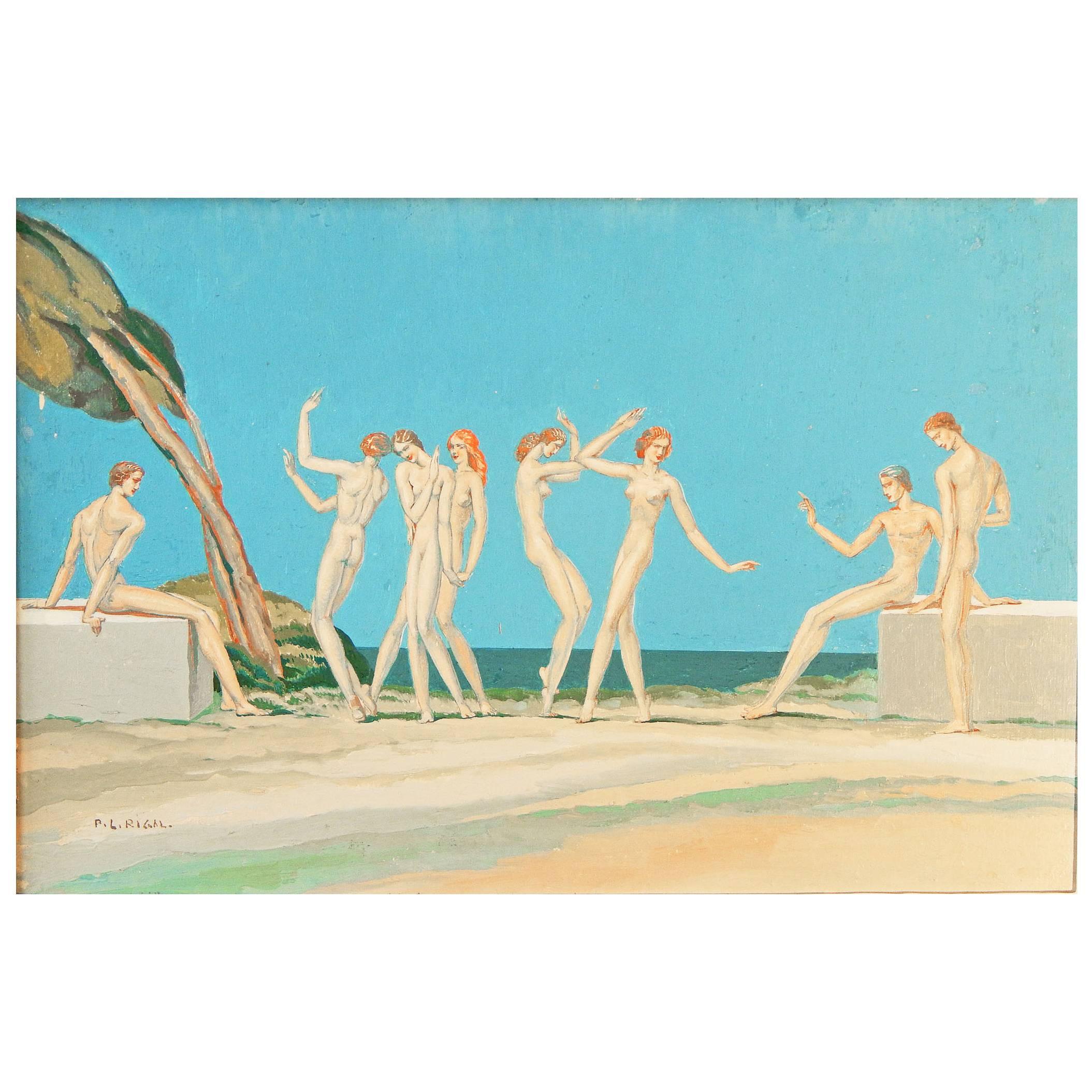 "Dance Beside the Sea, " Quintessential Art Deco Painting by Master Muralist