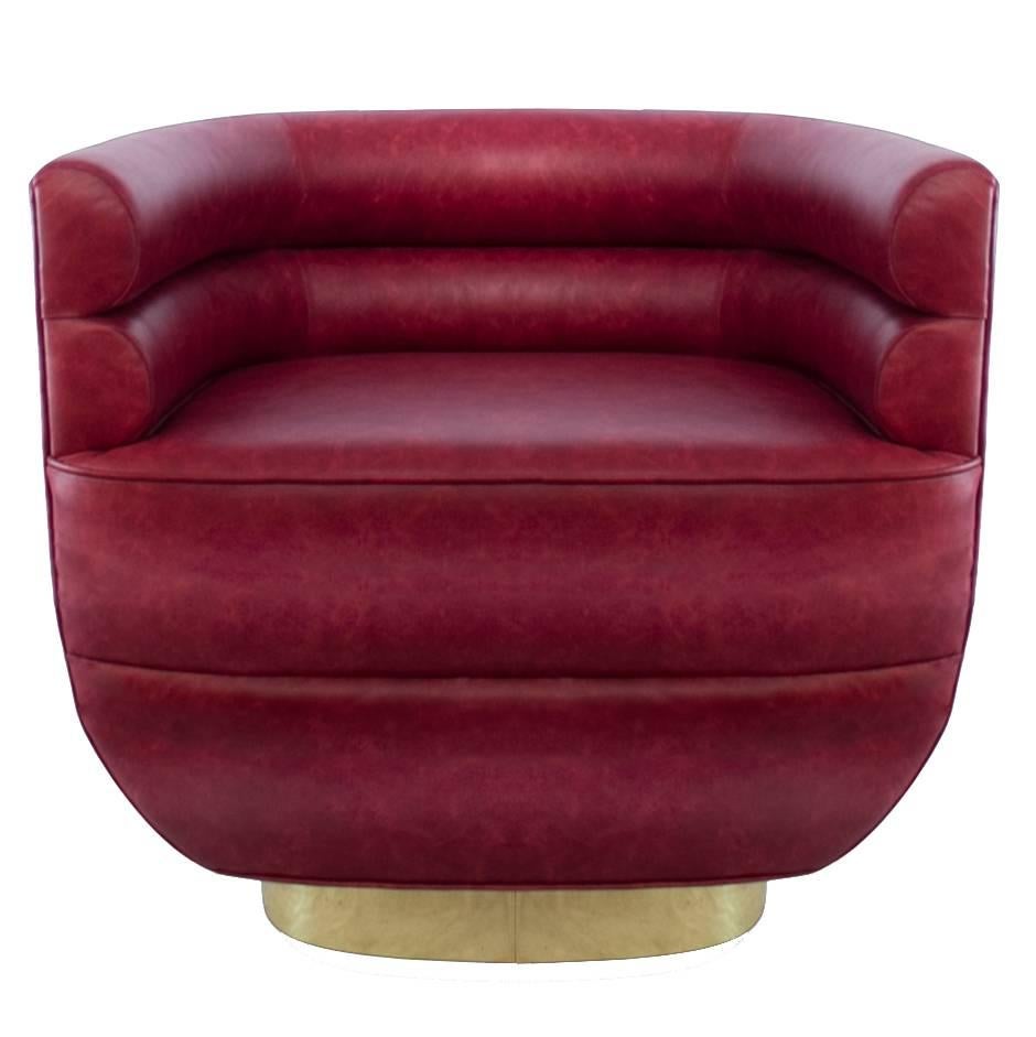 European Mid-Century Modern Leather and Brass Loren Club Armchair For Sale