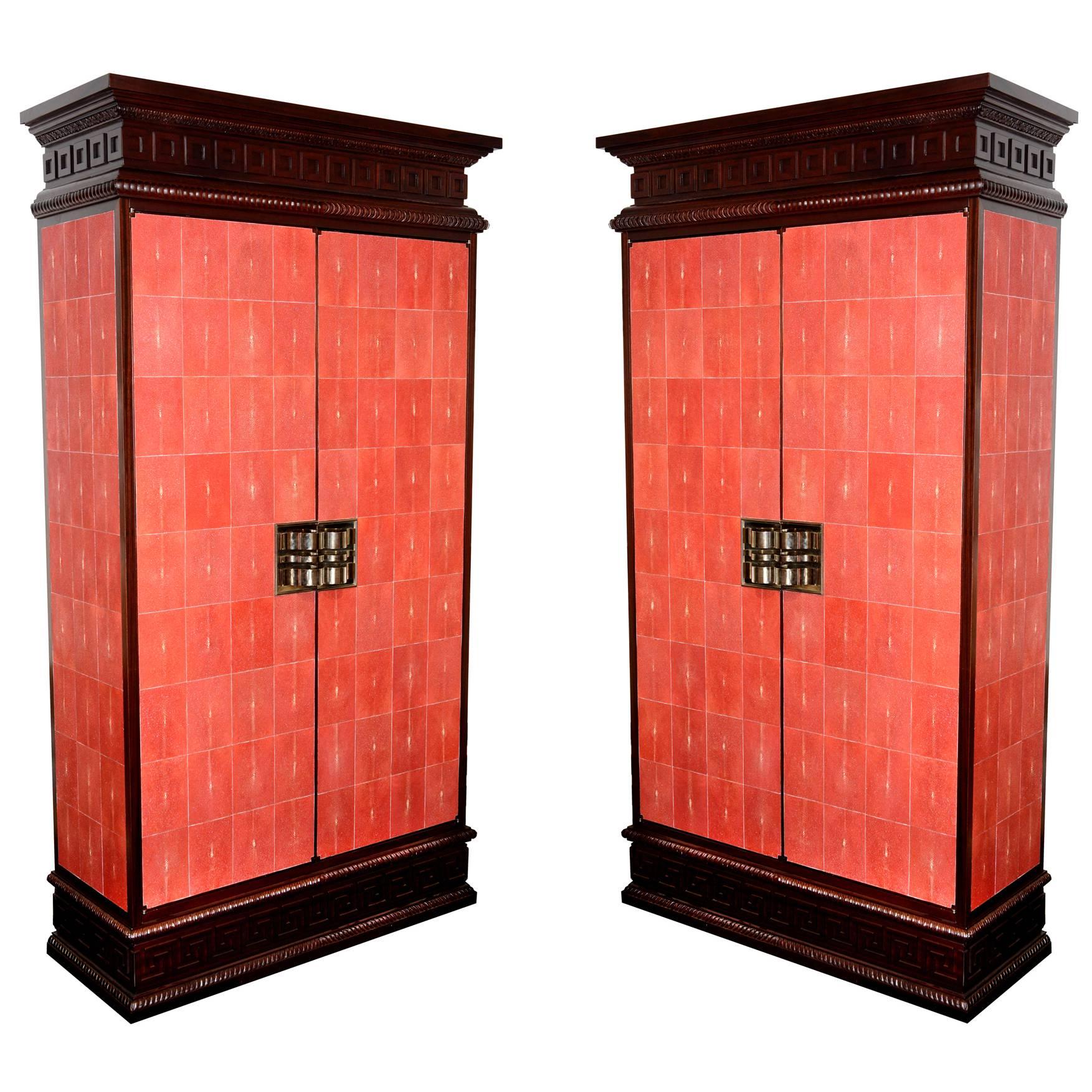 Cabinet Royal Set of Two in Solid Mahogany and Red Genuine Sharkskin