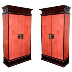 Cabinet Royal Set of Two in Solid Mahogany and Red Genuine Sharkskin 10