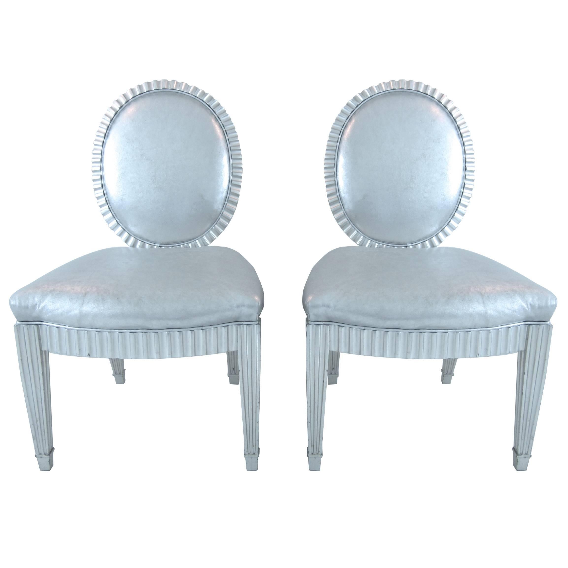 Neoclassic Silver Leaf and Silver Leather Chairs by John Hutton for Donghia, Pr. For Sale