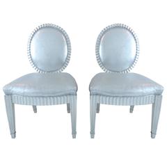 Neoclassic Silver Leaf and Silver Leather Chairs by John Hutton for Donghia, Pr.