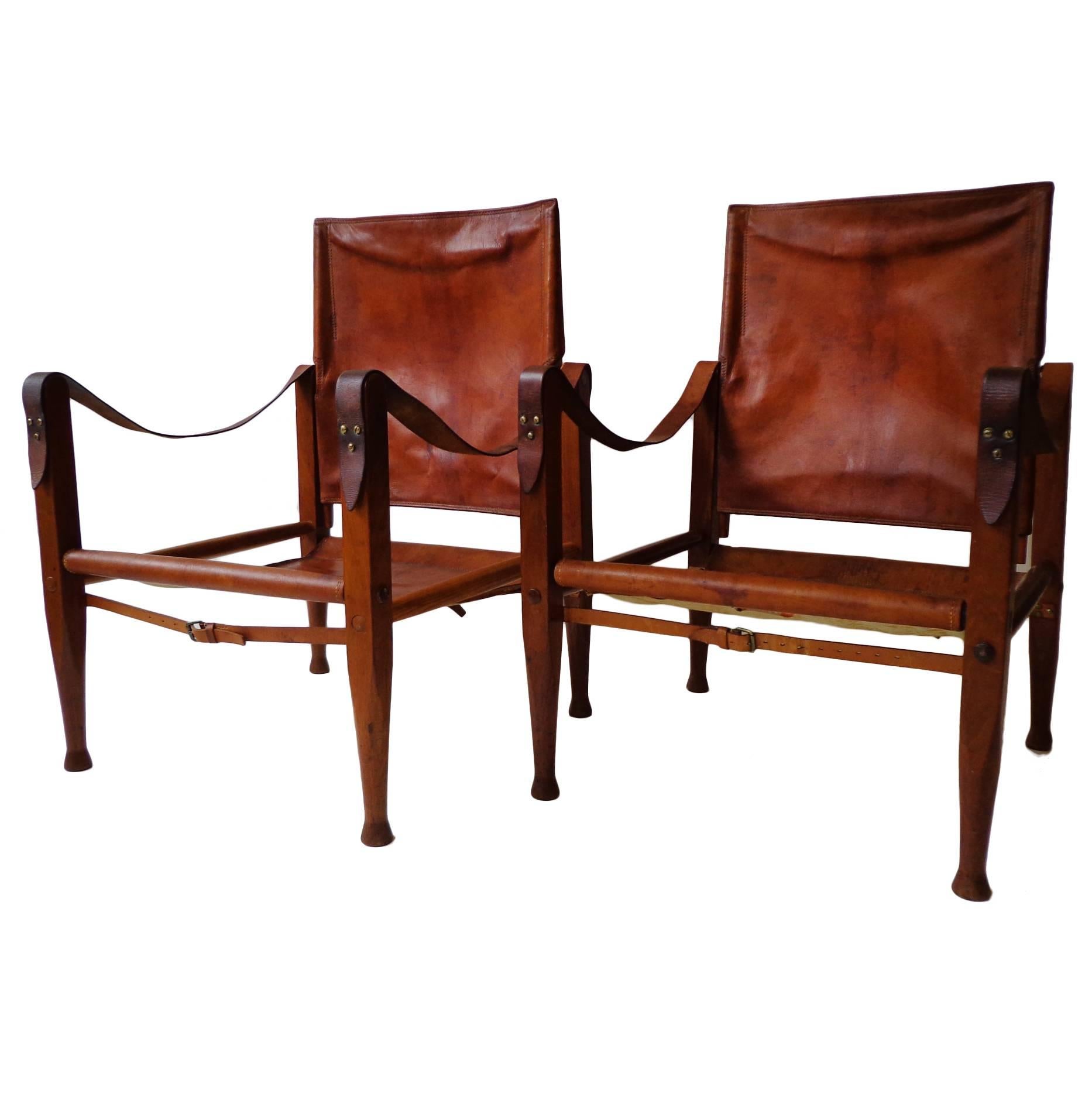 Pair of Kaare Klint "Safari Chairs" in Cognac Niger leather for Rud Rasmussen