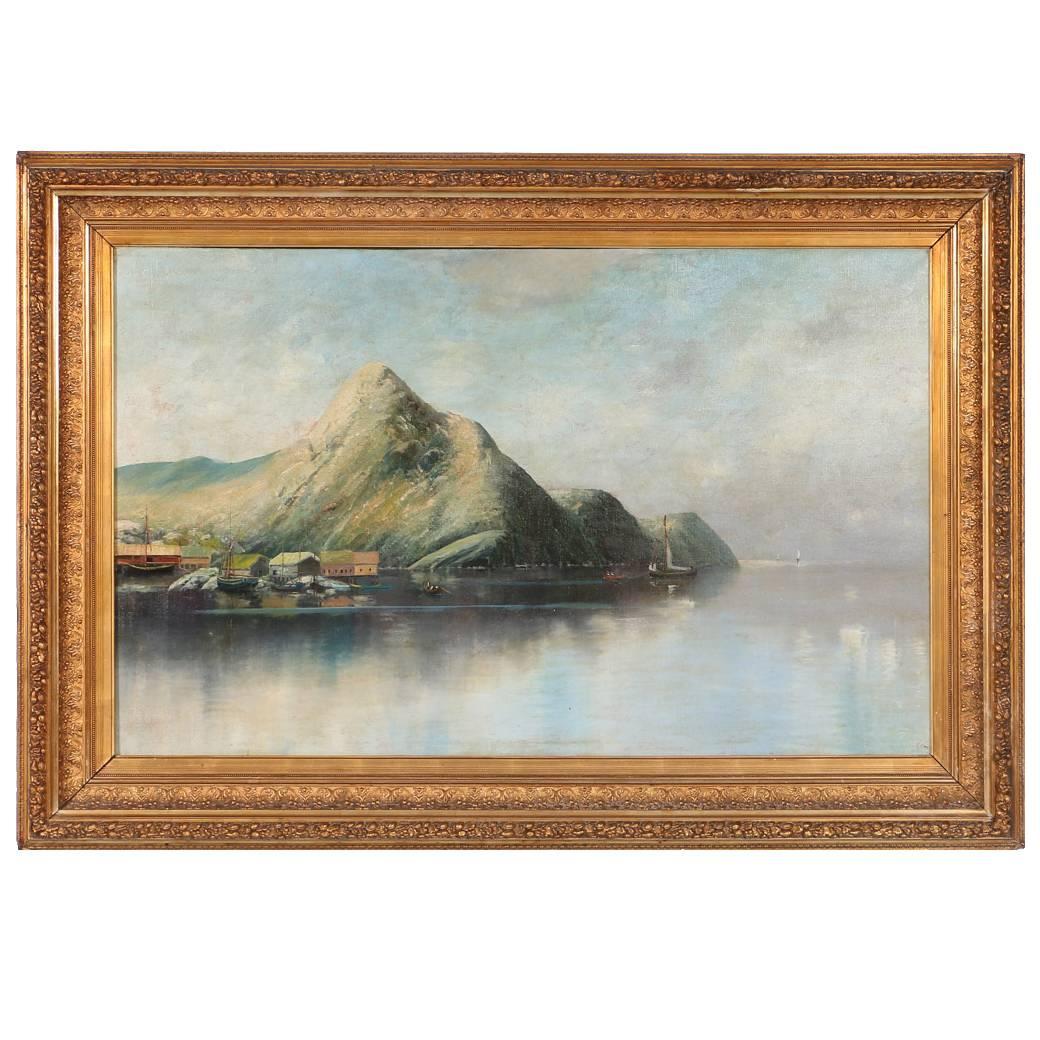 Antique Oil on Canvas Painting of Norwegian Sea Harbor and Mountains, circa 1890