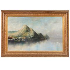 Antique Oil on Canvas Painting of Norwegian Sea Harbor and Mountains, circa 1890 12