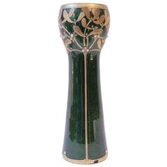 Rare Green Advanturine and Gilded Mistletoe Glass Vase by Montjoye, 1900s