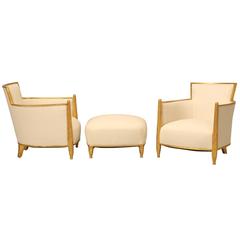 Vintage French circa 1940s Gilded Bergere Chairs with Ottoman