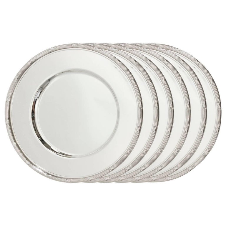 Six Silver Plate Service Chargers Ribbon and Reed Border England For