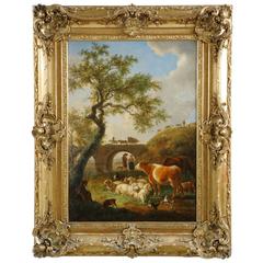 Antique Belgian Landscape Painting of Cattle & Sheep by Jean-Baptiste De Roy, circa 1798