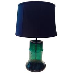 Vintage Blenko Crackle Glass Emerald Green Barrel Lamp