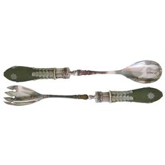 French Green Jasperware Silver Serving Set by Victor Saglier
