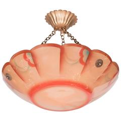 Art Deco Scalloped Dome Chandelier in Rose Glass, Copper-Toned Bronze Fittings