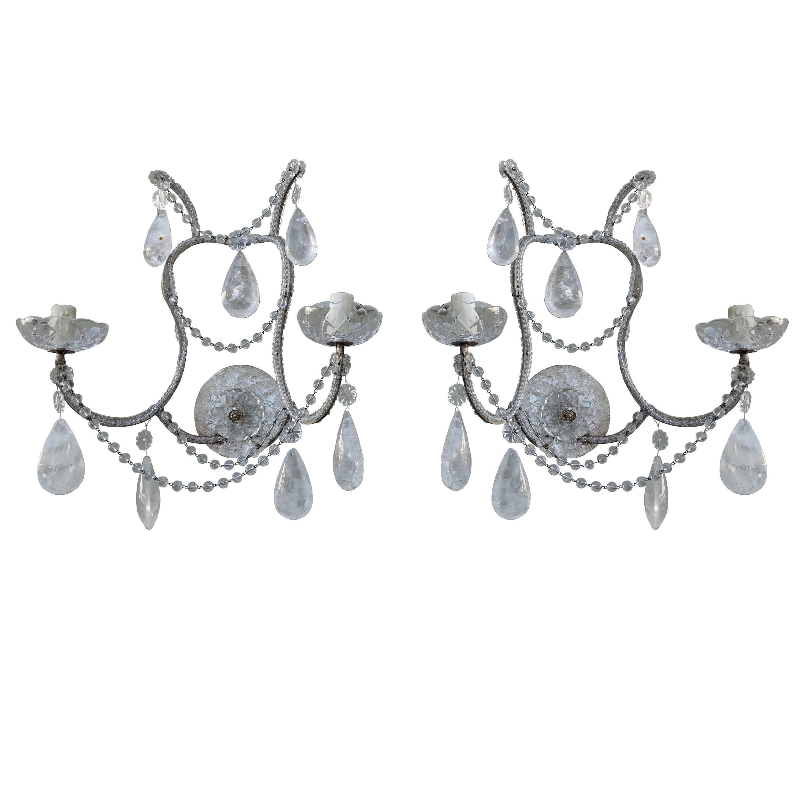 Pair of Rock Crystal Two-Light Sconces