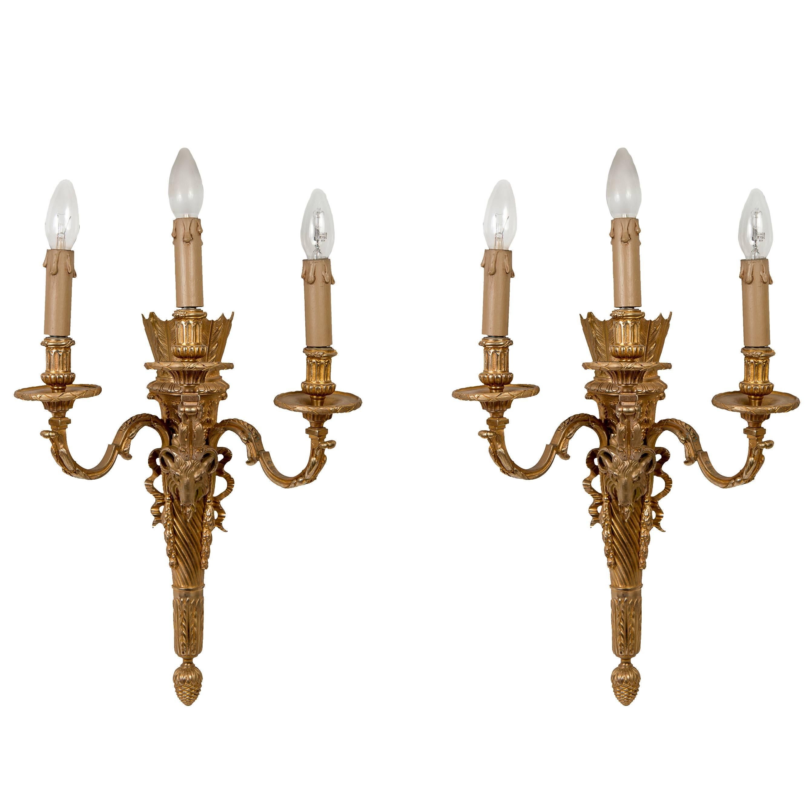 Beautiful Pair of Louis XVI Style Sconces Decorated Gilded Bronze Heads of Rams For Sale