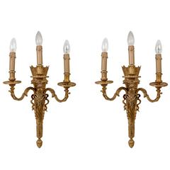 Beautiful Pair of Louis XVI Style Sconces Decorated Gilded Bronze Heads of Rams