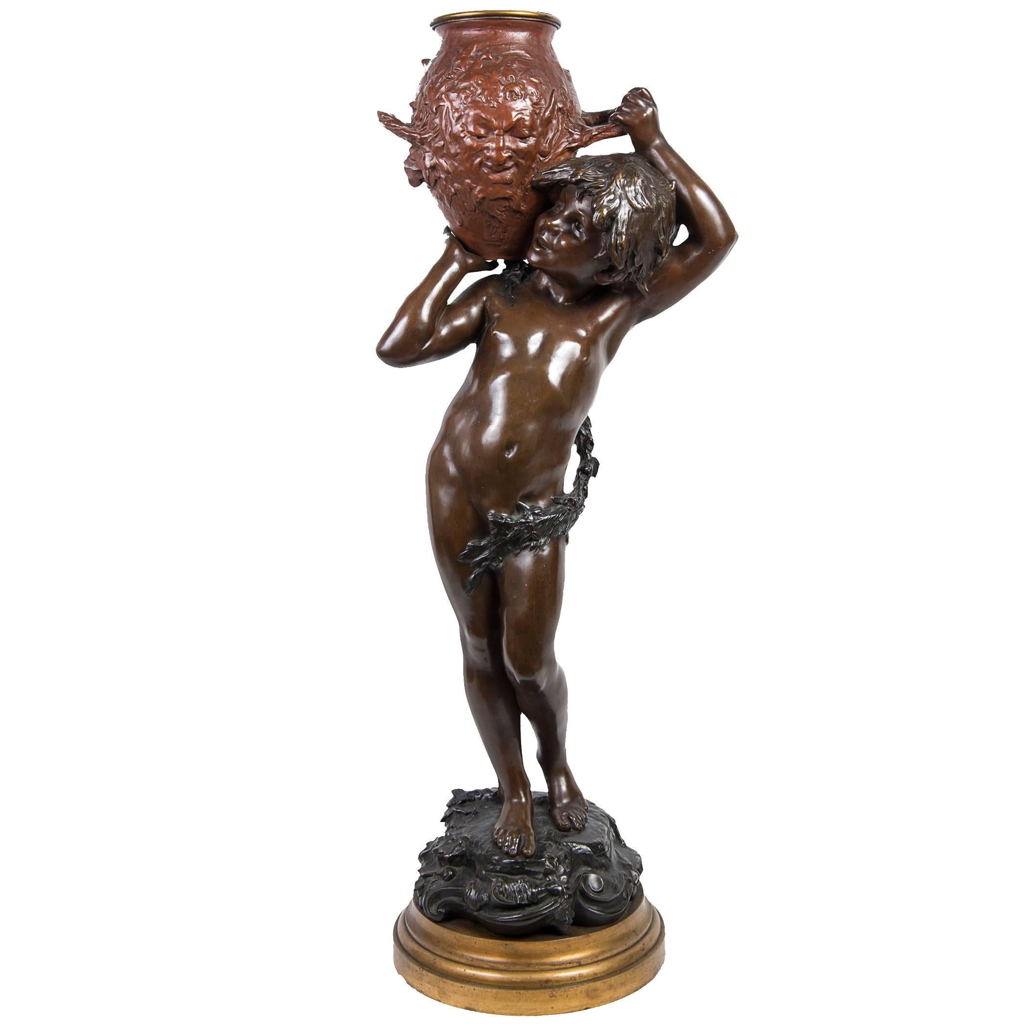 L'Enfant à La Jarre by Auguste Louis Mathurin Moreau, Bronze Double Patina For Sale