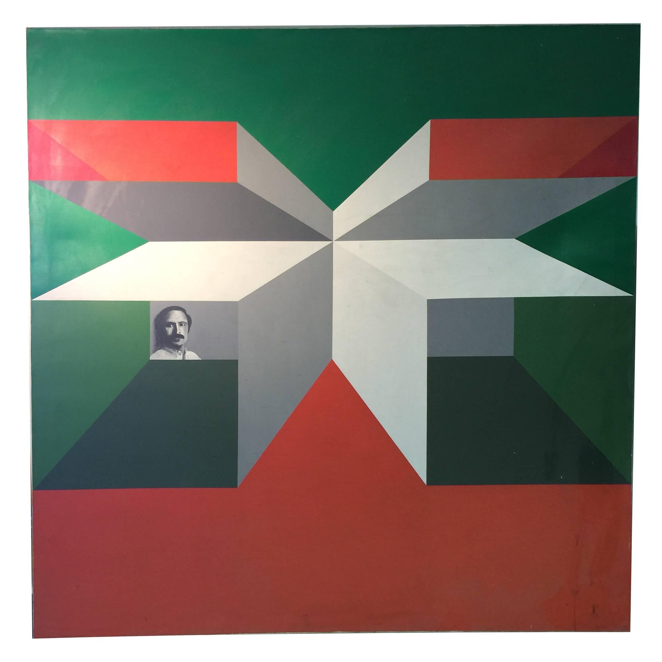 Great Op-Art Painting with Portrait by Philadelphia Artist Charles Domsky For Sale