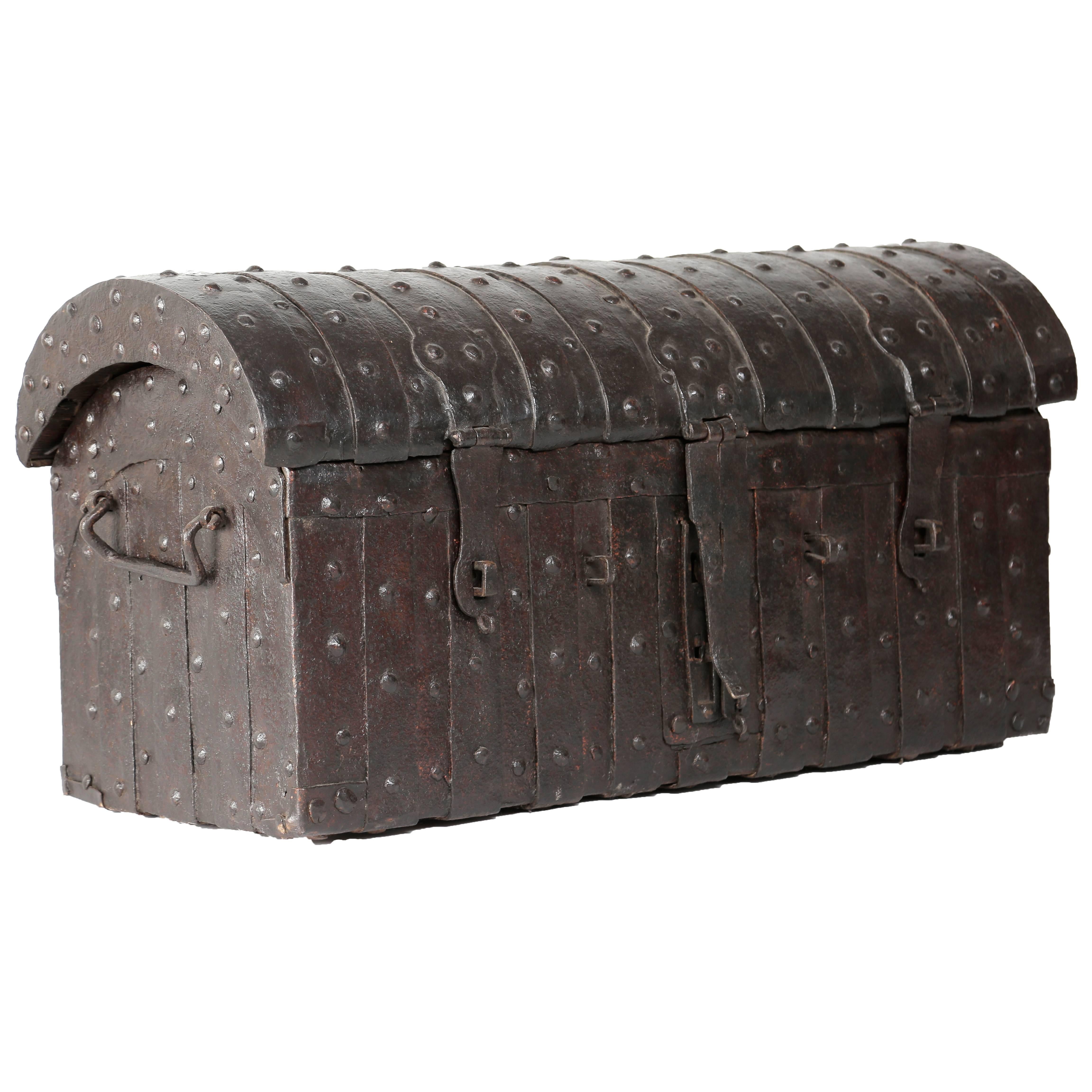 Extremely Rare 14th-15th Century Dutch Oak Iron Bound Parish Chest For Sale
