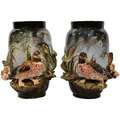 Pair of 19th Century French Hand-Painted Barbotine Vases