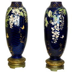 Large Pair Antique Aesthetic Cobalt Blue Porcelain Bronze Wisteria Vases