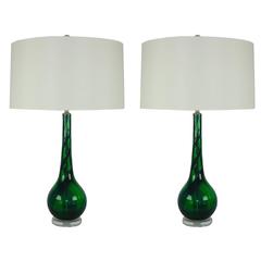 Matched Pair of Vintage Murano Table Lamps in Bands of Green and Blue