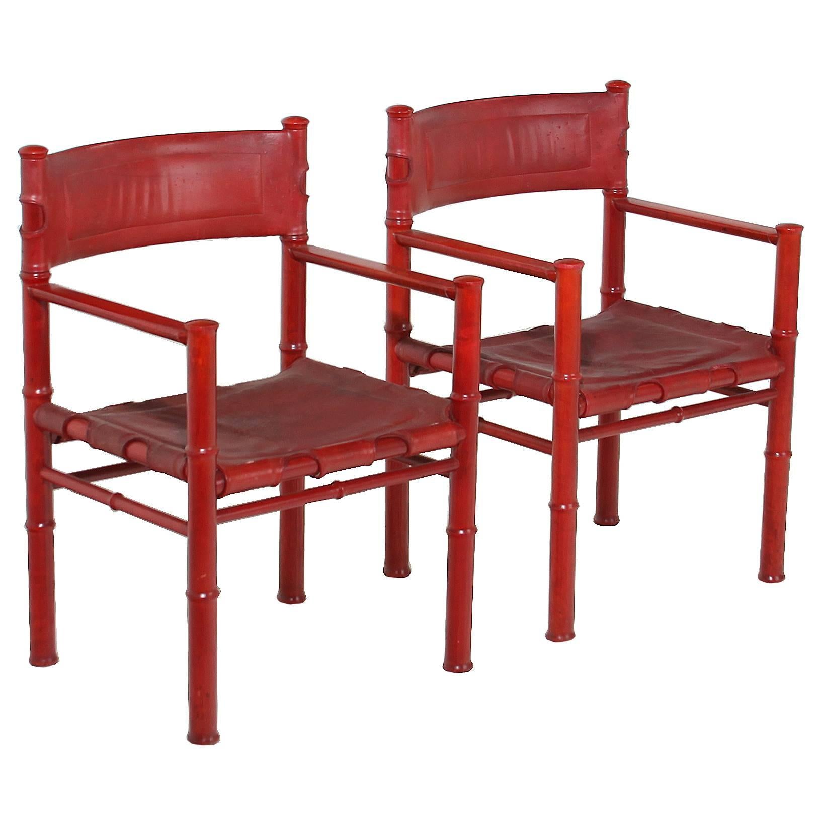 Mid-Century Aniline Red Leather and Wood Armchairs by ASKO For Sale